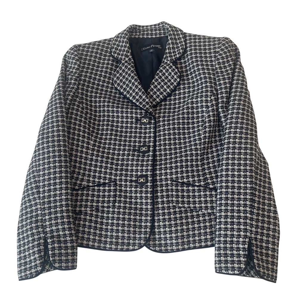 00779 Evan Picone Petite Black Navy White Plaid Blazer Jacket 10P PreOwned - Picture 8 of 15